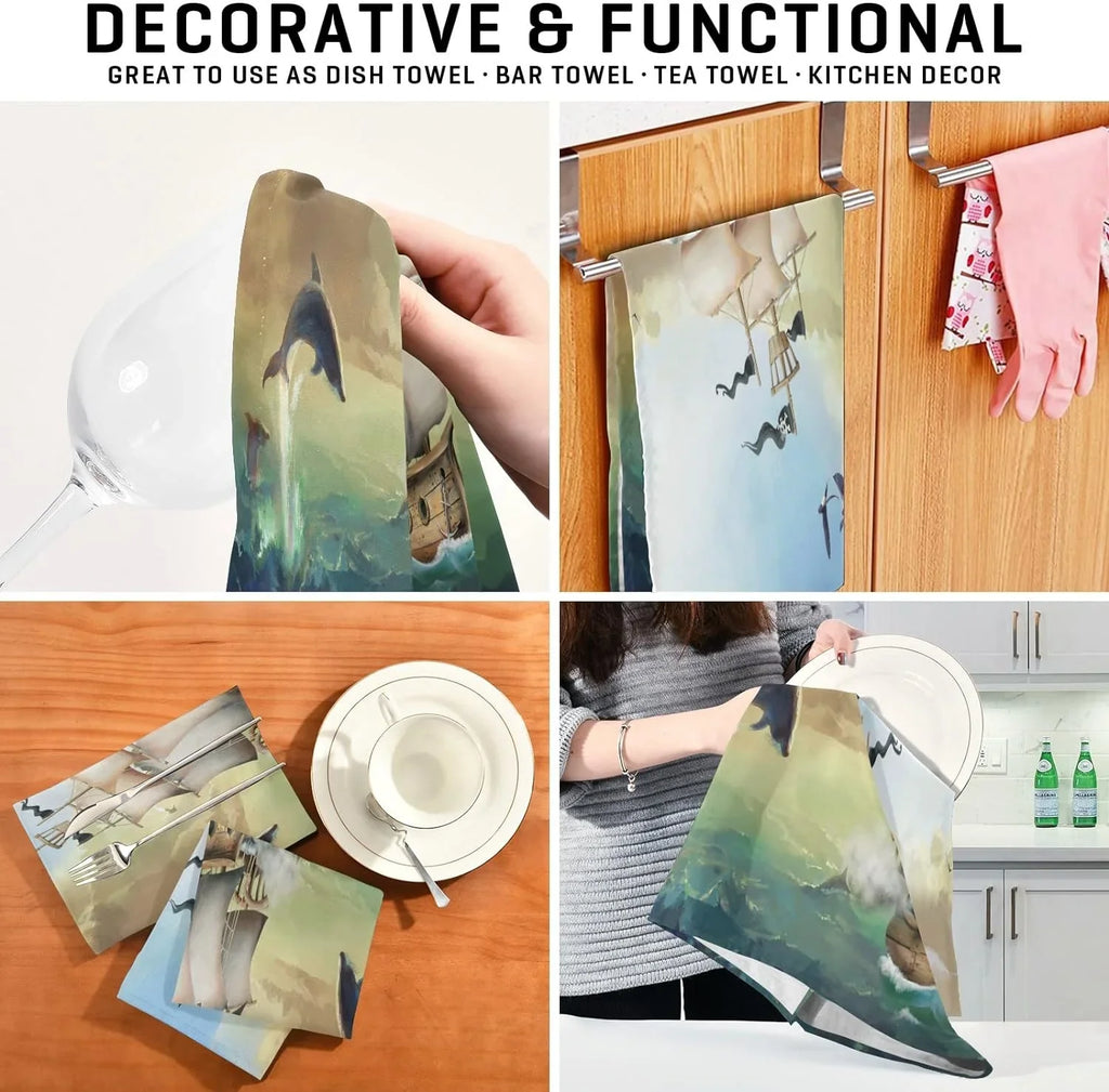 Set 6 Absorbent Cleaning Wiping and Towels 18"x28"Lint-Free Kitchen Hanging of Tea Towel Drying Kitchen Dish Loop, with Summer for Dolphins Sailboat Jumping Cloth Ocean