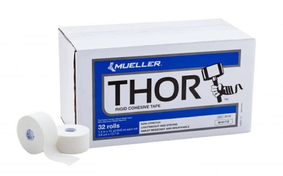 White, Rigid THOR Rolls 1.5" Cohesive x 32 Tape, of 15 Case Mueller yd,