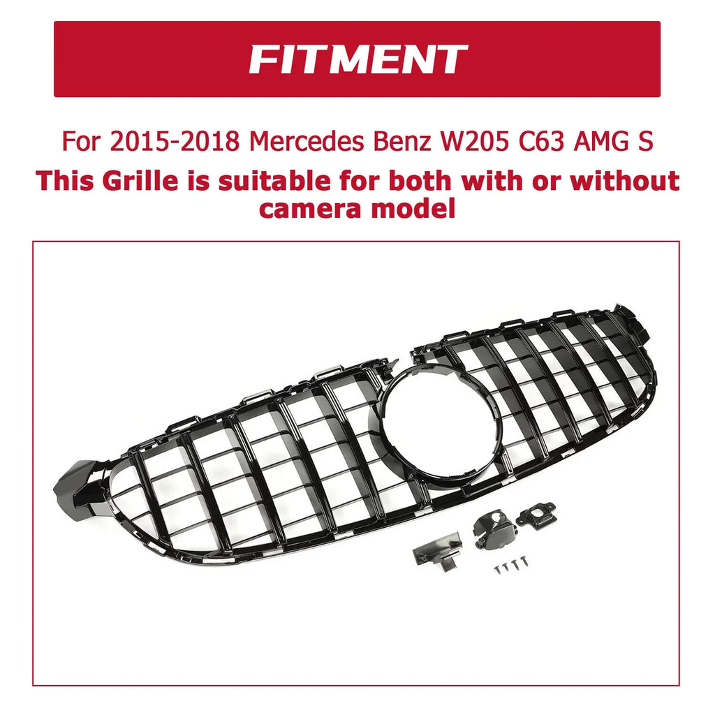 without Model Painted C63 Cover 2015 Front W205 for 2016 2018 AMG with S Bumper Benz for Camera 2017 Kojem Black Both Mercedes Or Grille