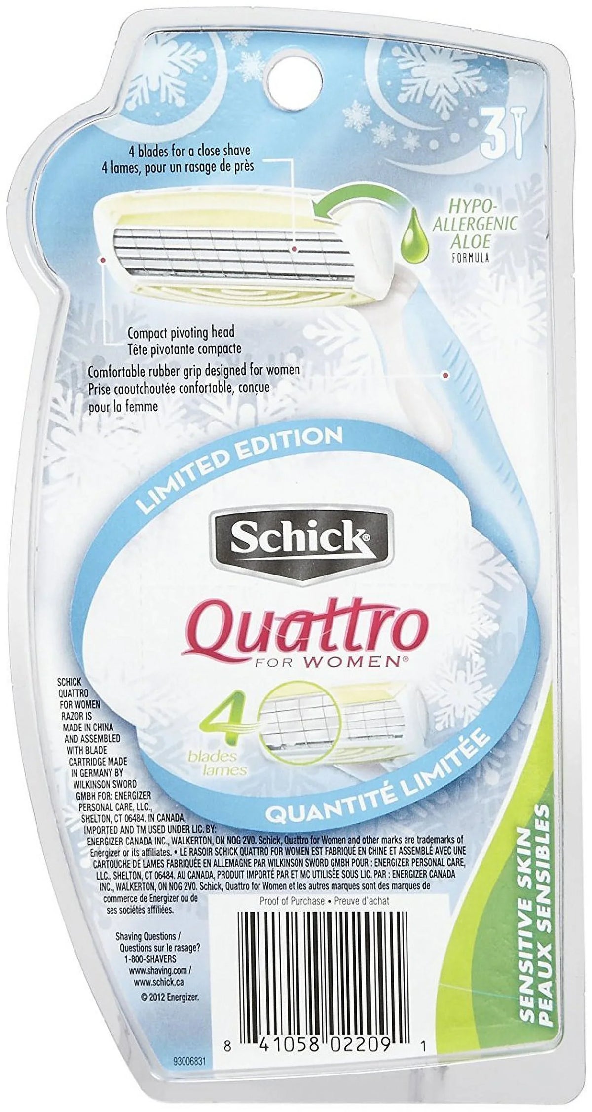 Quattro 2 Pk Razor Sensitive Quattro - 3 For Disposable Schick Ct Skin Women -