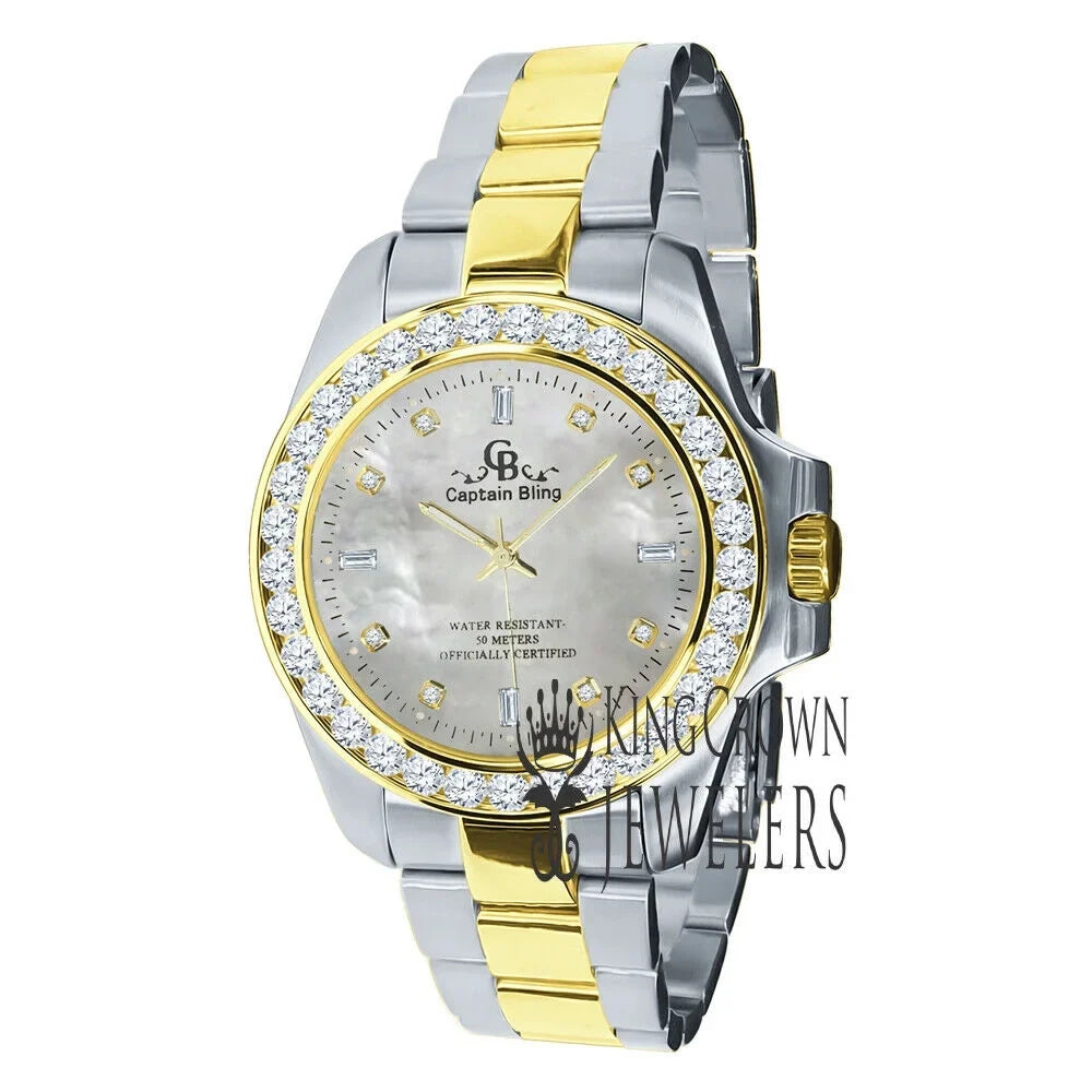 Steel Dial Pearl Of Gold Tone Watch Diamonds Simulated Mens Finish Mother Stainless 2 Solid 18K