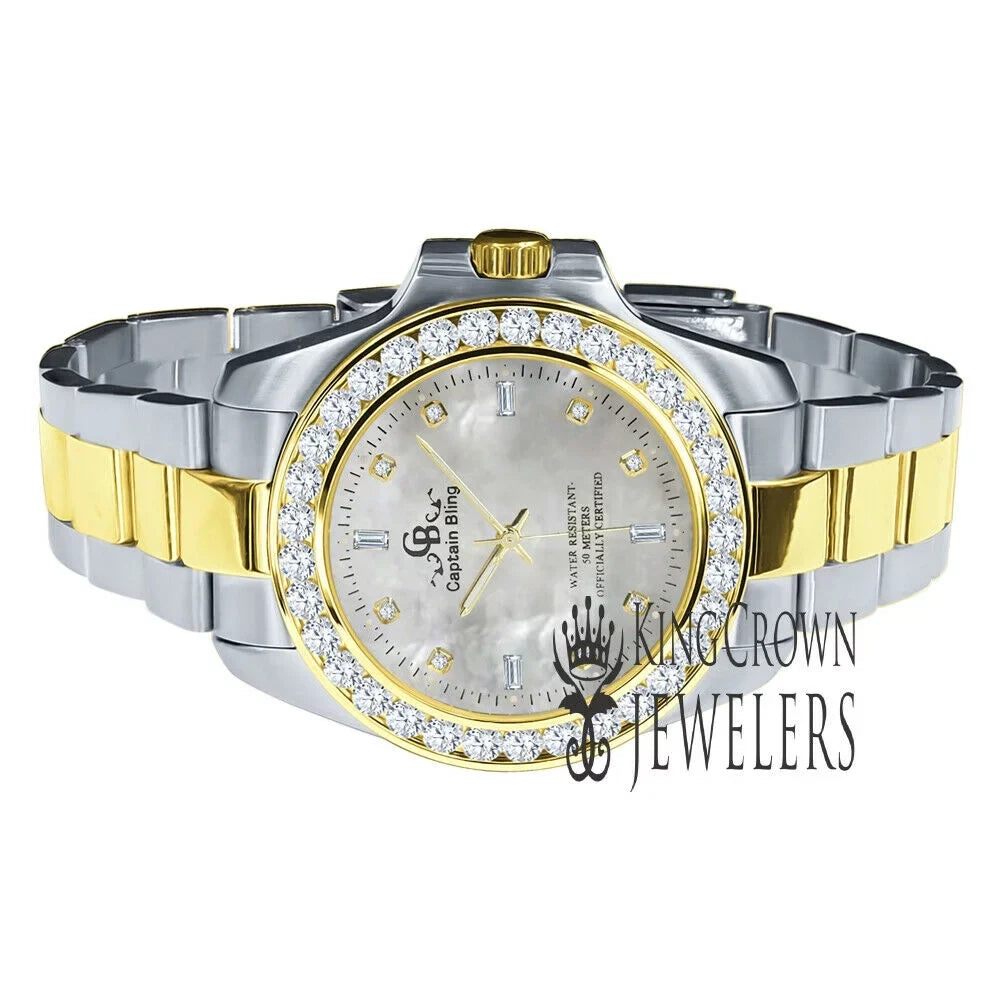 Steel Dial Pearl Of Gold Tone Watch Diamonds Simulated Mens Finish Mother Stainless 2 Solid 18K