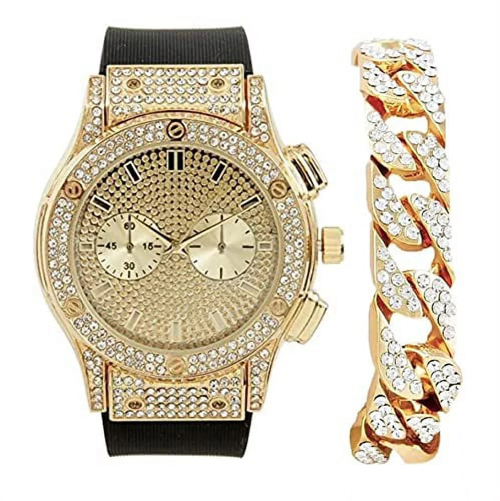 (Gold Timepiece Raymond Eyes - Chrono ST10311 Watch Inspired Mens - on - Hip Rhinestones Big Iced Out Diamond - by Bling Charles Rubber Hop Faux Blast Cuban)