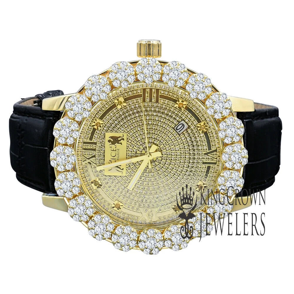 Bezel W/Date Face Diamond Roman Gold Tone Mens Khronos Dial Leather Wrist Watch Flower Genuine Genuine