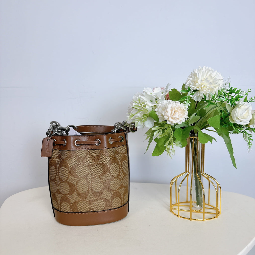 Signature In Canvas Bag IN Bucket CR145 Khaki Mini Saddle Coach