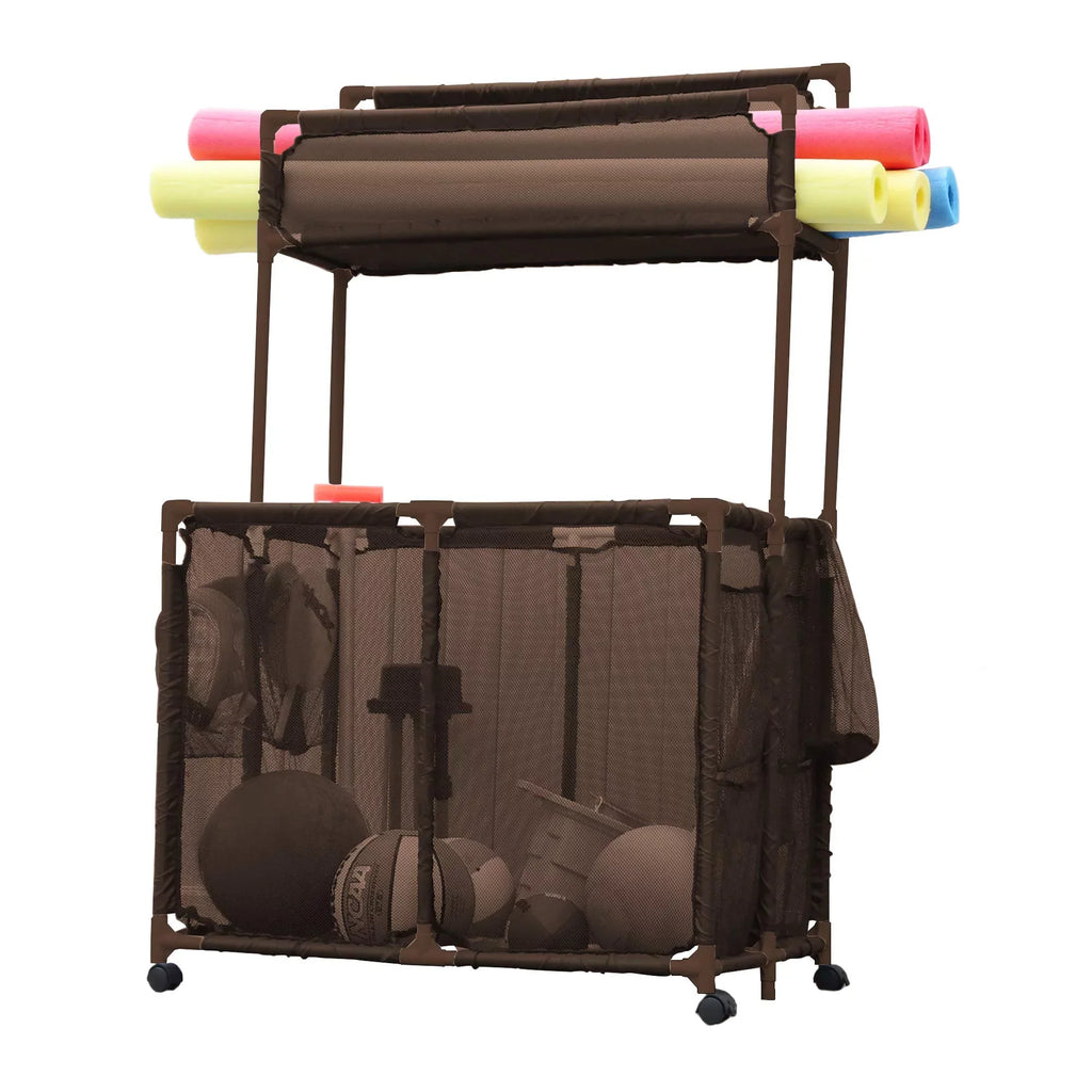 Pool Yours Decker Noodle Brown Mesh x Equipment (23" Toys, 59.4" W - Bin, Noodles, Organizer with Large L H), Holder Essentially 35.3" Rolling Floats Storage Rack, and Double Balls x