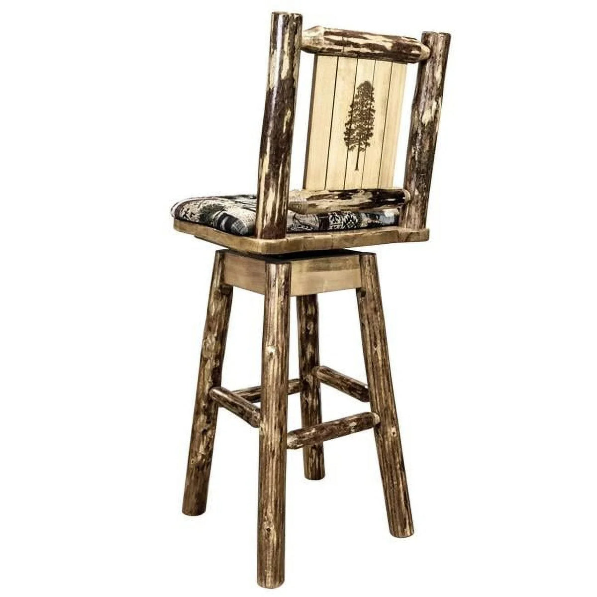 Glacier Upholstery Barstool & Engraved Country Pattern with Laser Design with Swivel, Pine Back Tree Woodland