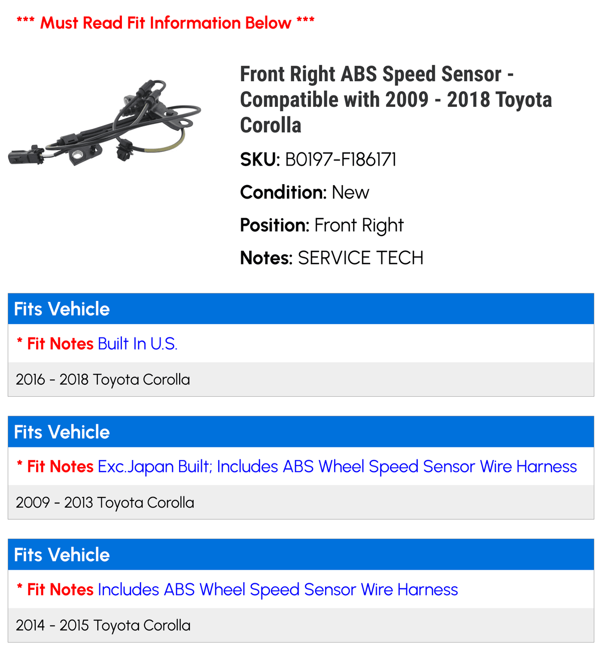 2015 Right 2016 2010 2018 2011 Corolla 2014 Front 2012 - - with Speed Compatible 2017 Toyota 2009 ABS Sensor 2013