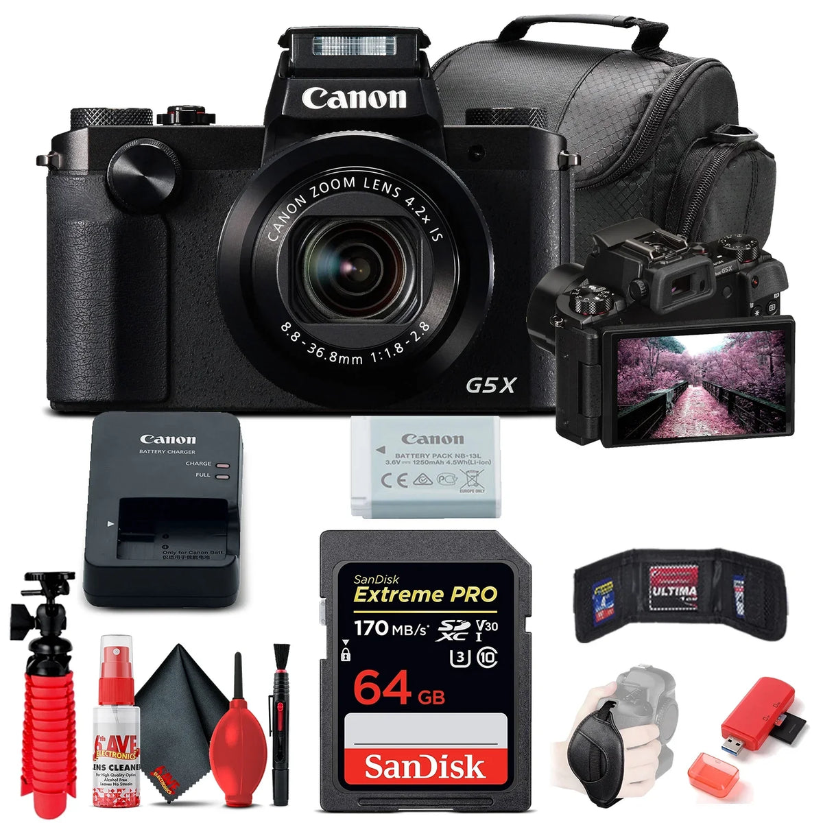 X (International PowerShot Bag, Wallet, Memory Canon Flex (0510C001), 64GB Deluxe Card, Hand Soft Cleaning Kit Reader, G5 Digital Strap, Tripod, Camera Model) Card