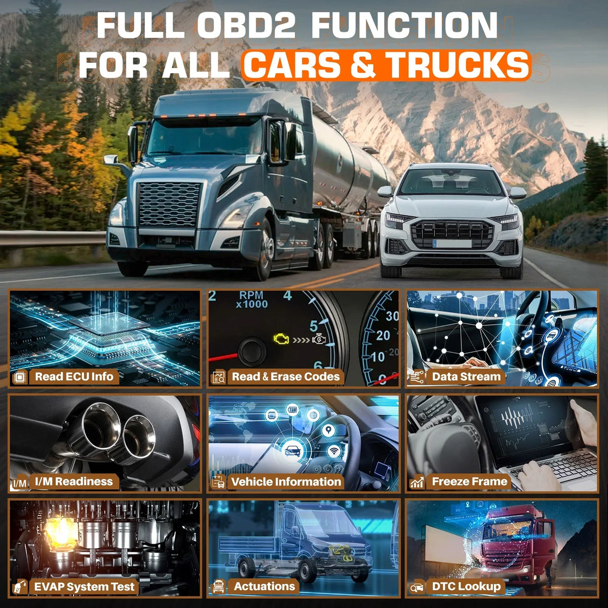 All Maintenance Scan Bi-directional Coding ECU Tool 2 40+ ANCEL Code Regen 1 DPF Truck for V5 OBD2 IN Truck Reset 24V Cars Tablet HD Diagnostic Scanner 12V System Diesel Scan Reader Truck Duty Heavy