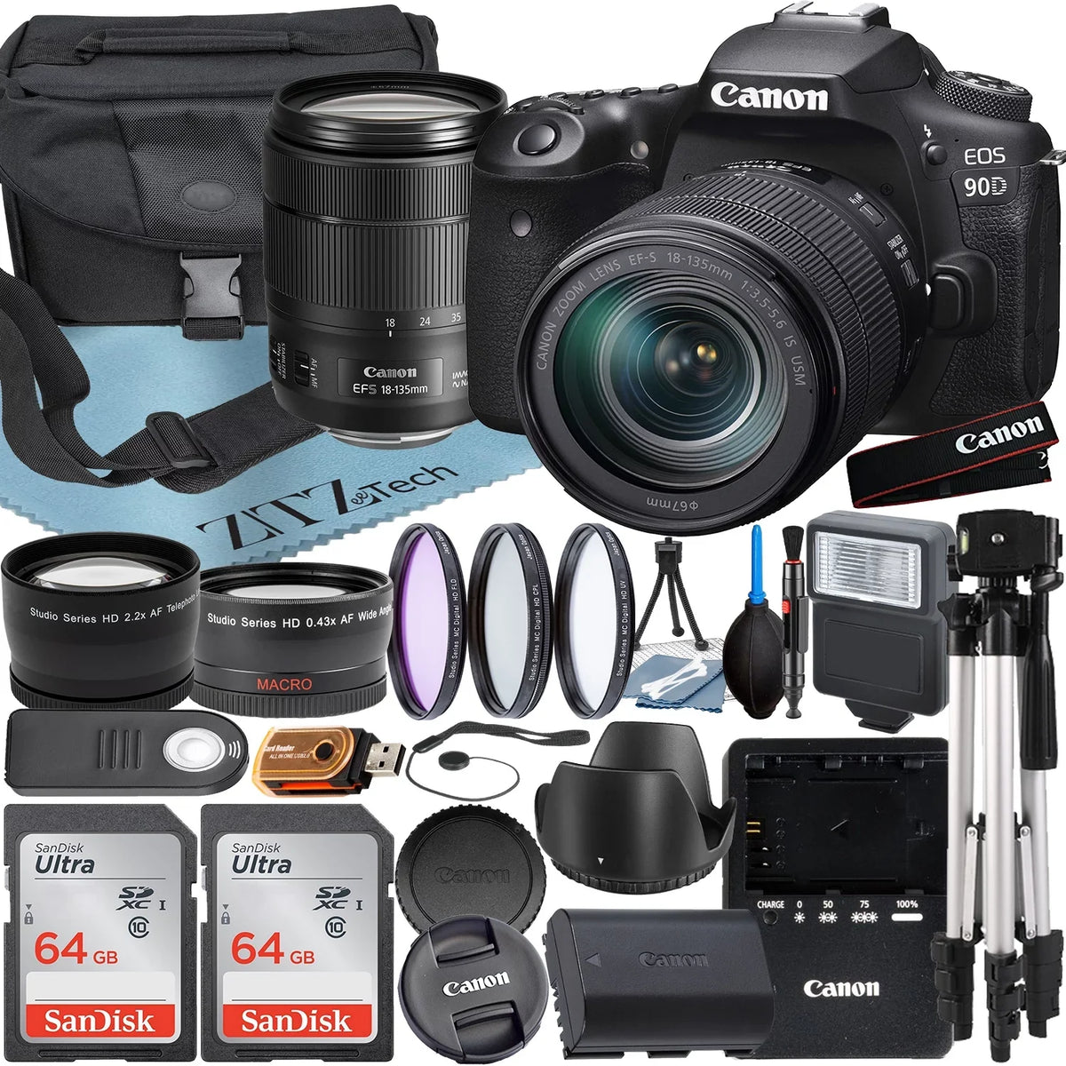 Card + + Tripod Canon 18-135mm with USM 90D EOS Lens Camera + DSLR Bundle Wideangle ZeeTech Case IS SanDisk + Accessory 64GB +