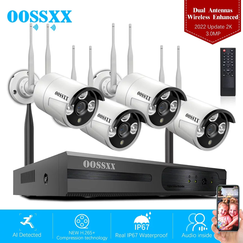 3.0MP Hard Antennas Surveillance Kits Drive, WiFi Camera Outdoor Cameras Security Wireless Dual 2K 4Pcs System, without Security NVR
