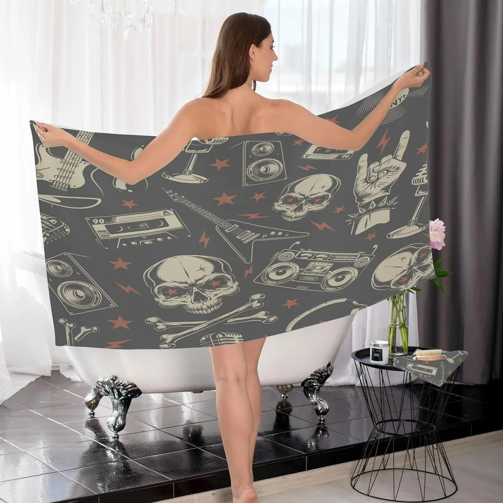 Towel Cotton Pure Washable Skull Instrument Rock Set, Bath Bestwell Travel（420） Absorbent Highly Machine Soft Yoga, Pack 2 Towels for Pool,Sports,