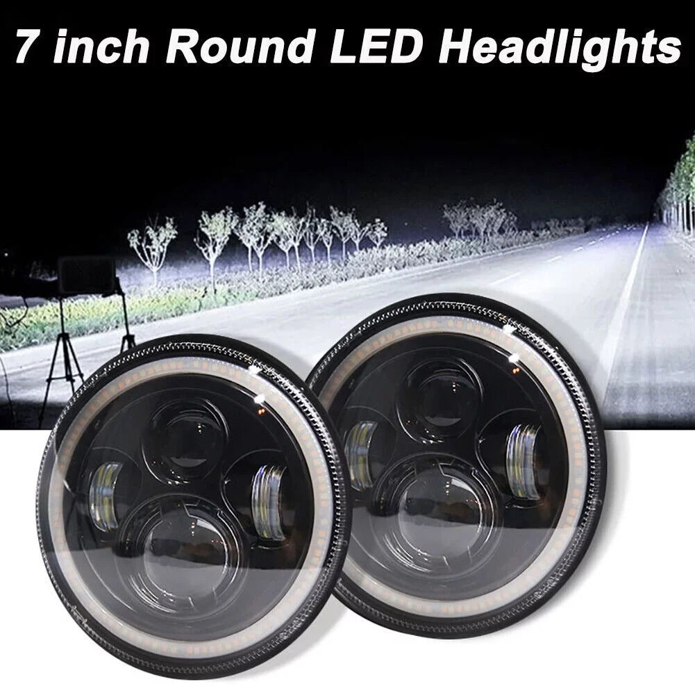 CJ Inch For 7" JK Wrangler LED TJ Jeep Headlights Halo LJ Round Angle Eyes