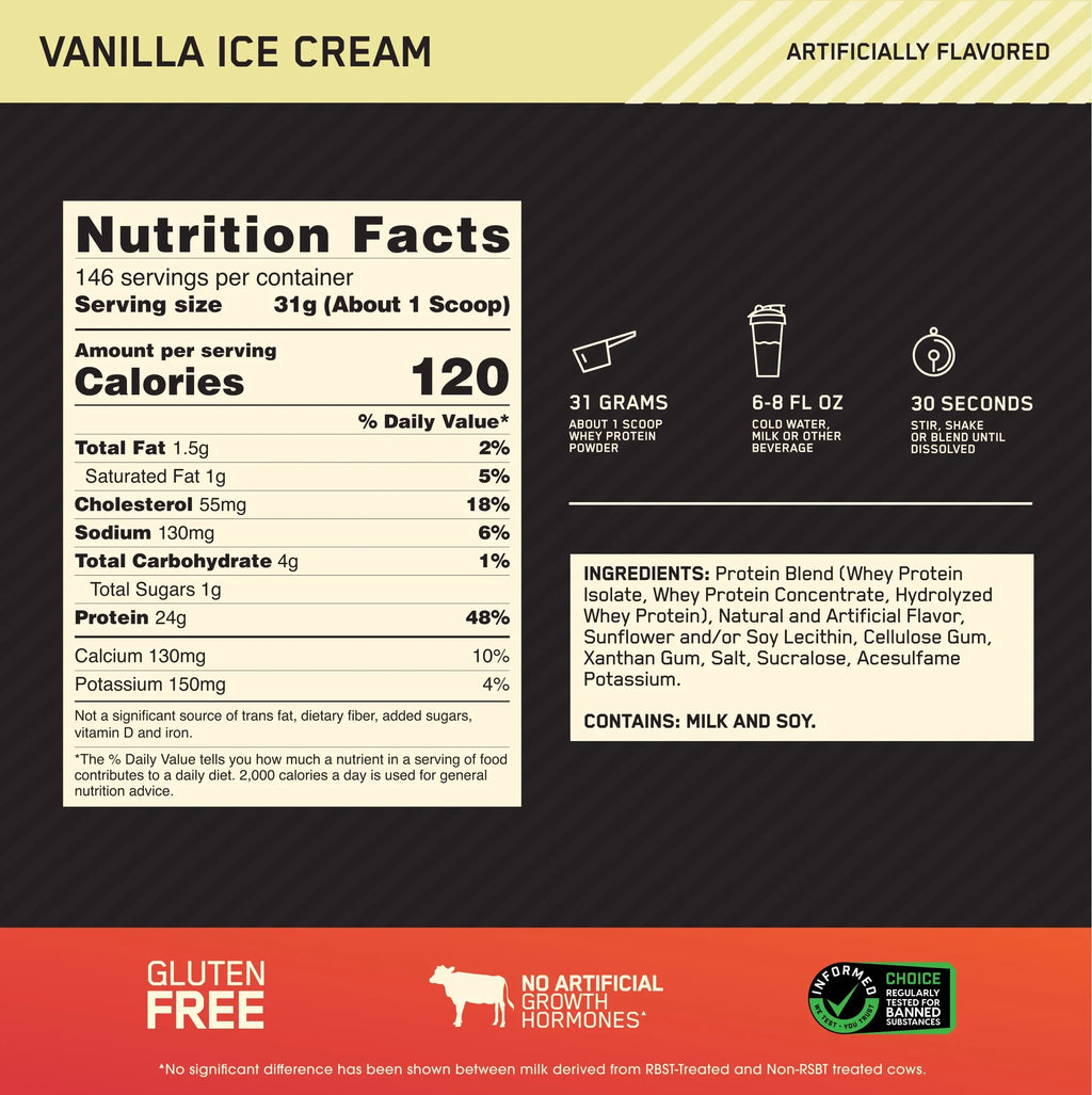 lb, Optimum Gold Standard Ice Whey 100% Servings 146 Nutrition, Protein Powder, Vanilla Cream, 9.98