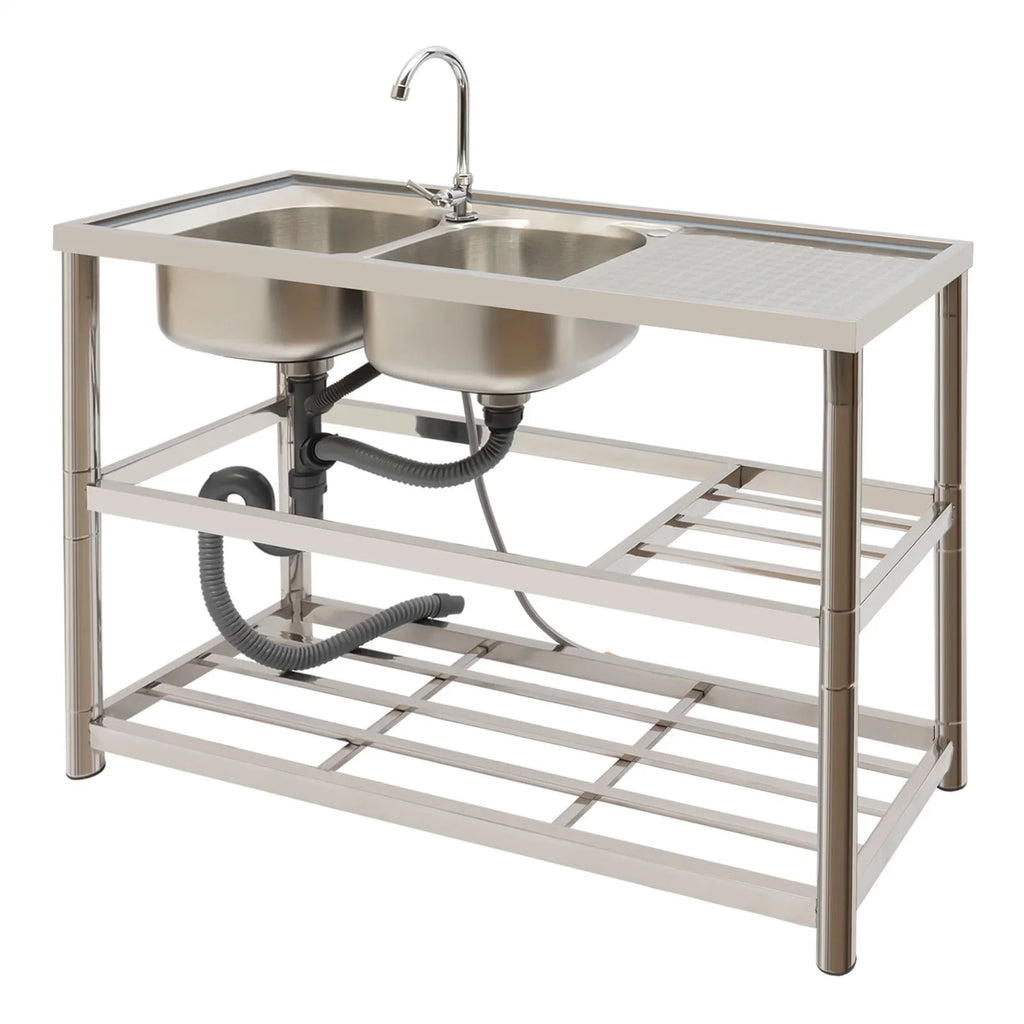 with Double Prep Faucet+Drainpipe Kitchen Stainless Steel Basin Freestanding Bowl Sink Utility & Sink Aiqidi Commercial Restaurant