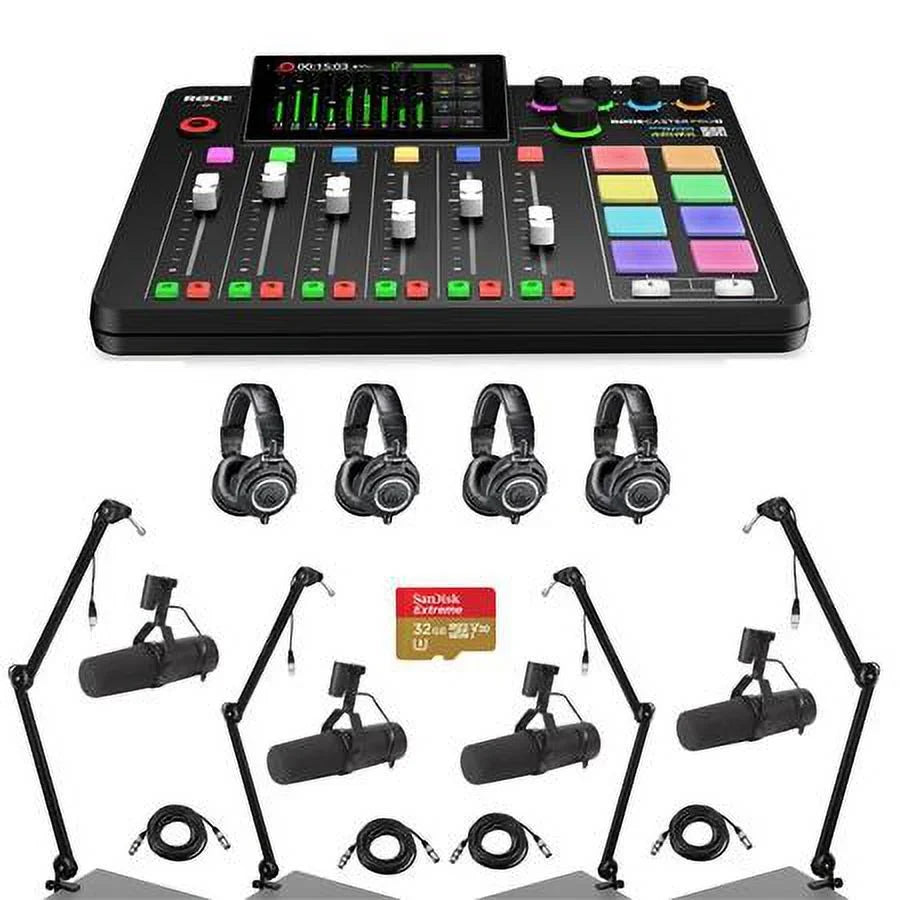 Broadcast Audio Production Headphones, 4x II Studio to RODECaster with Console F 4x XLR 4x Cable, SM7B Bundle 32BG Pro Integrated ATH-M50x Arm, Card 4x microSD Mic, M