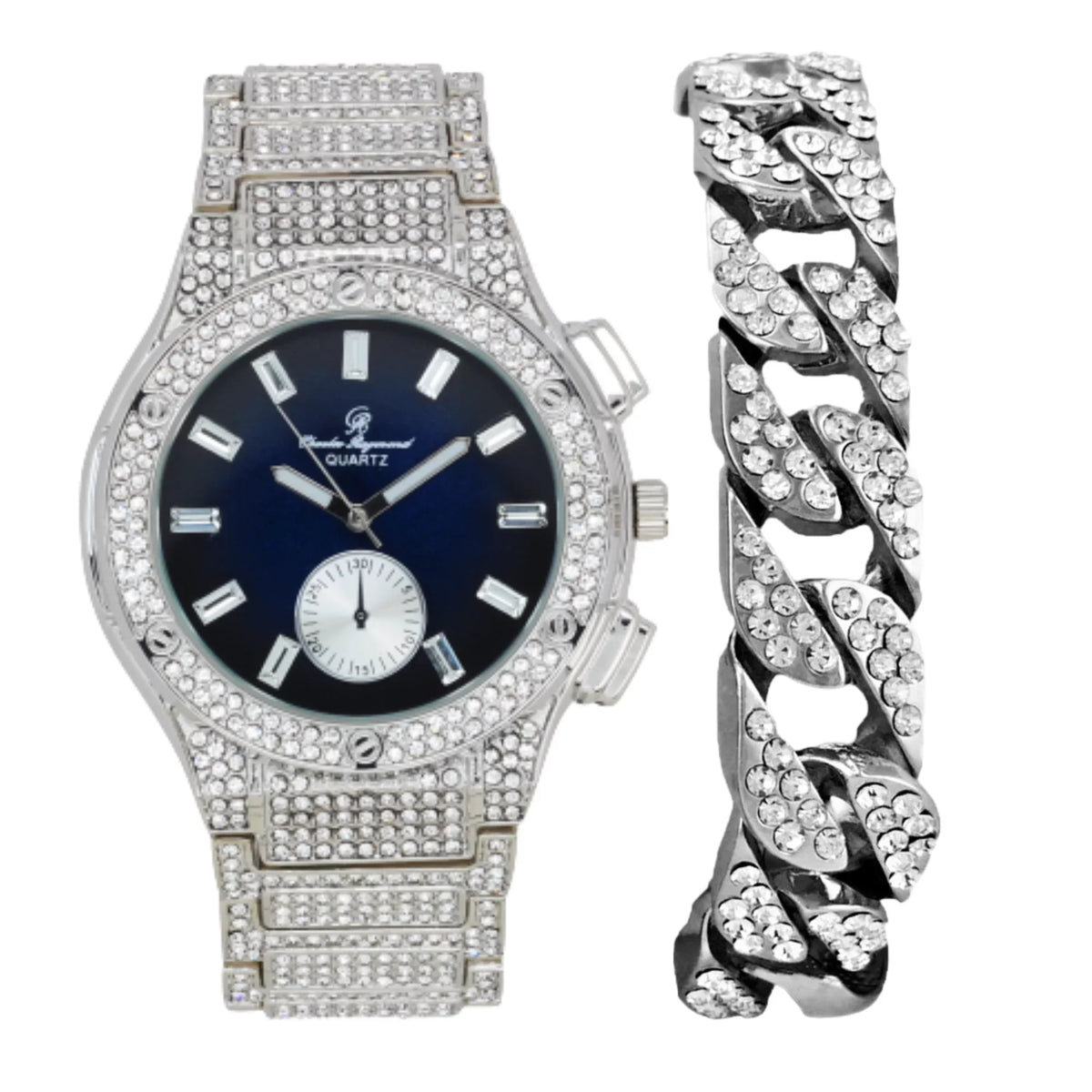 Rhinestones on Timepiece- Inspired Men's - MB ST10311 Hop Blue SLV by Out Blast Watch Bling -C Charles Big Raymond Hip Diamond Iced -