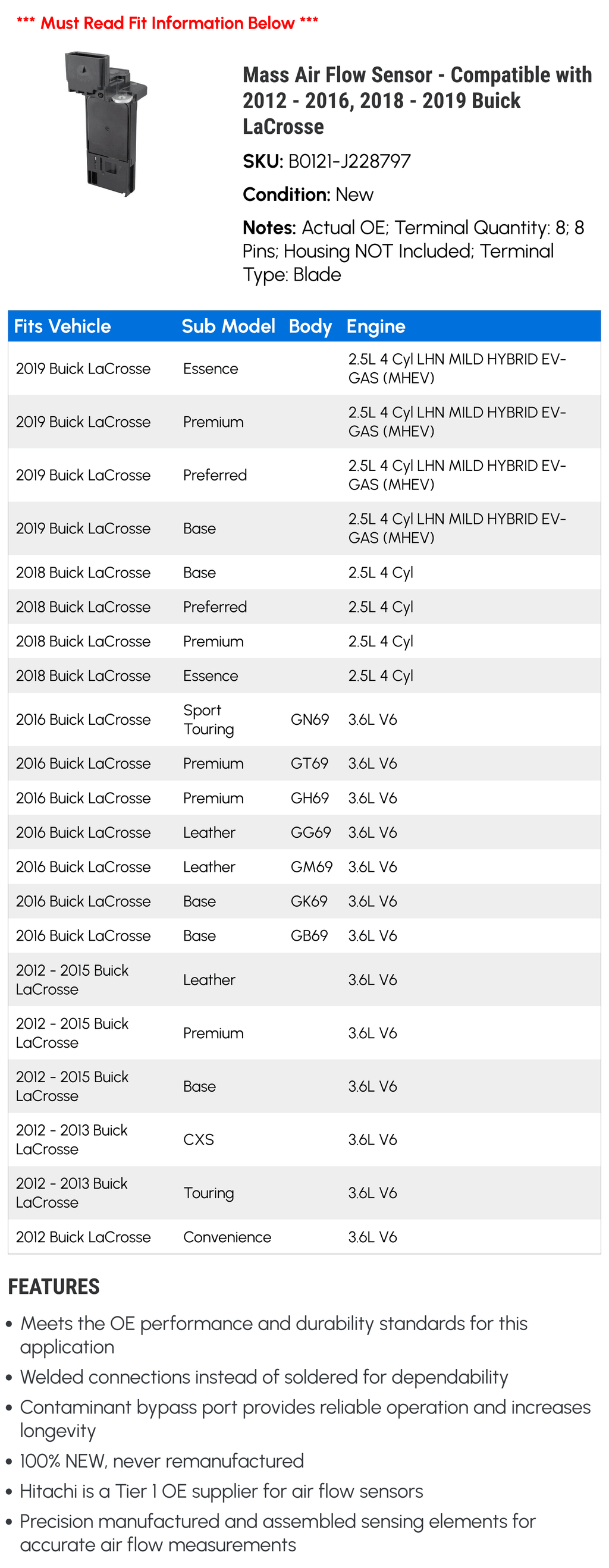 '- Buick Mass 2016, LaCrosse 2014 2015 2012 2019 - Flow Sensor Air 2013 - 2018 with Compatible