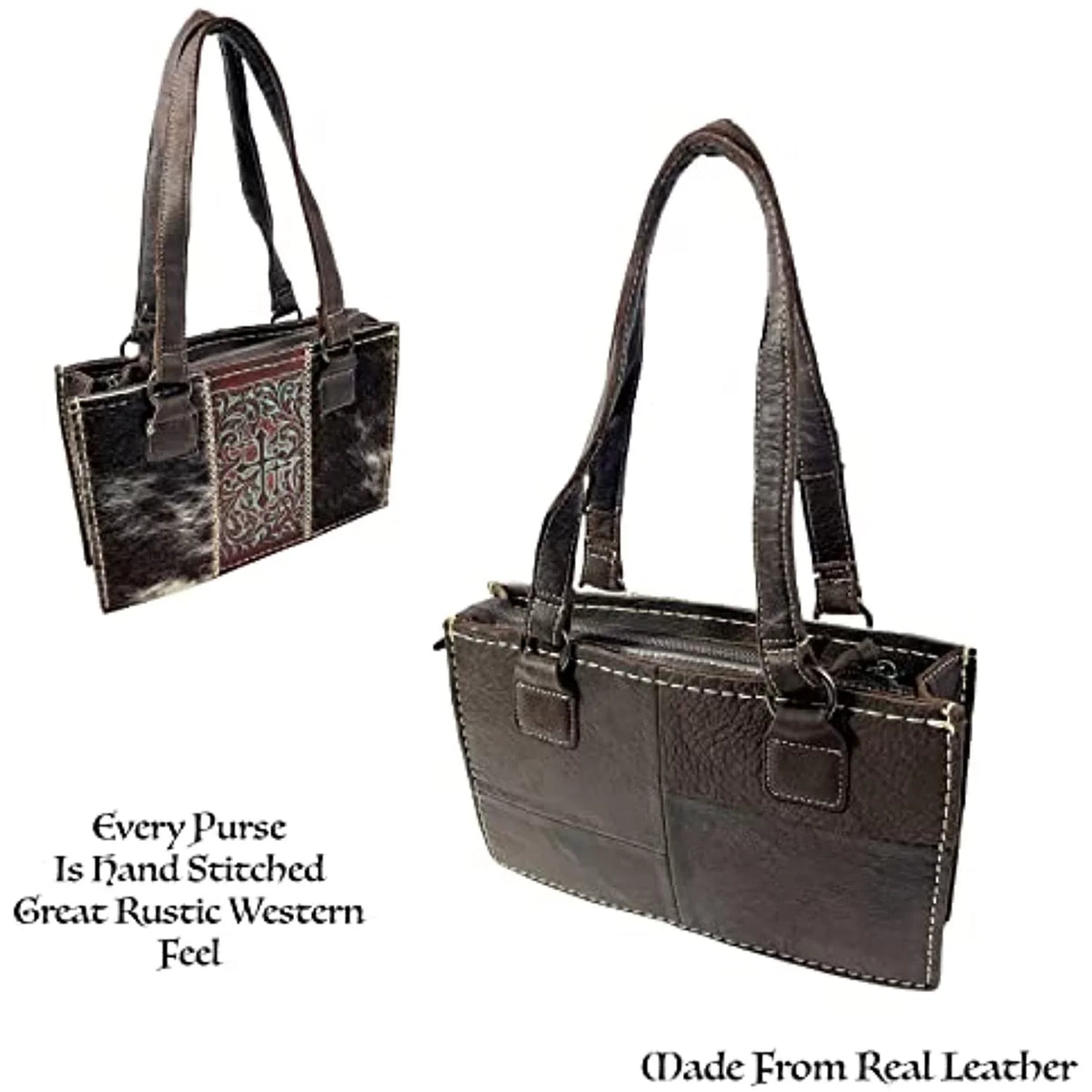 Genuine Urbalabs Tooled Women Leather Western Purses Purse with Over the Bag Brown Western Zipper (Dark Handbag In Tote Shoulder Stitched CowHair Dark Hand Crosses for Brown)
