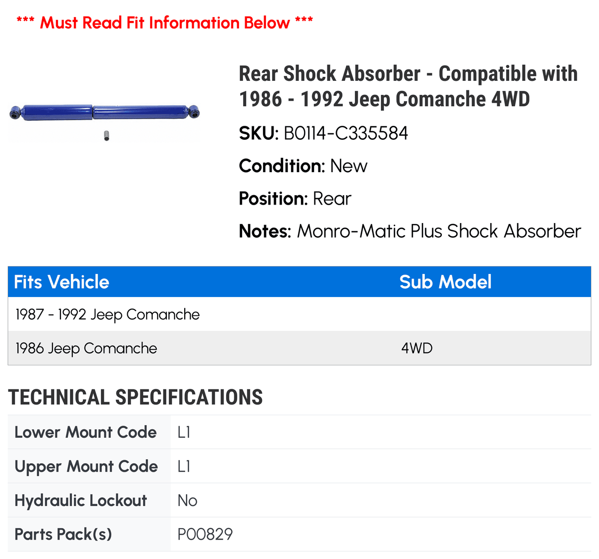 1992 4WD Comanche 1990 1986 Compatible Shock Absorber Rear 1987 with 1989 - Jeep - 1991 1988