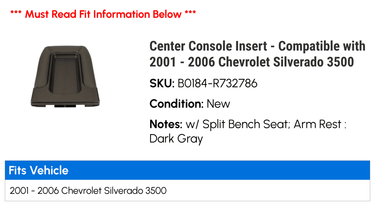 Console Center Chevy 3500 Silverado 2005 with - - 2001 2004 2002 2006 Insert 2003 Compatible
