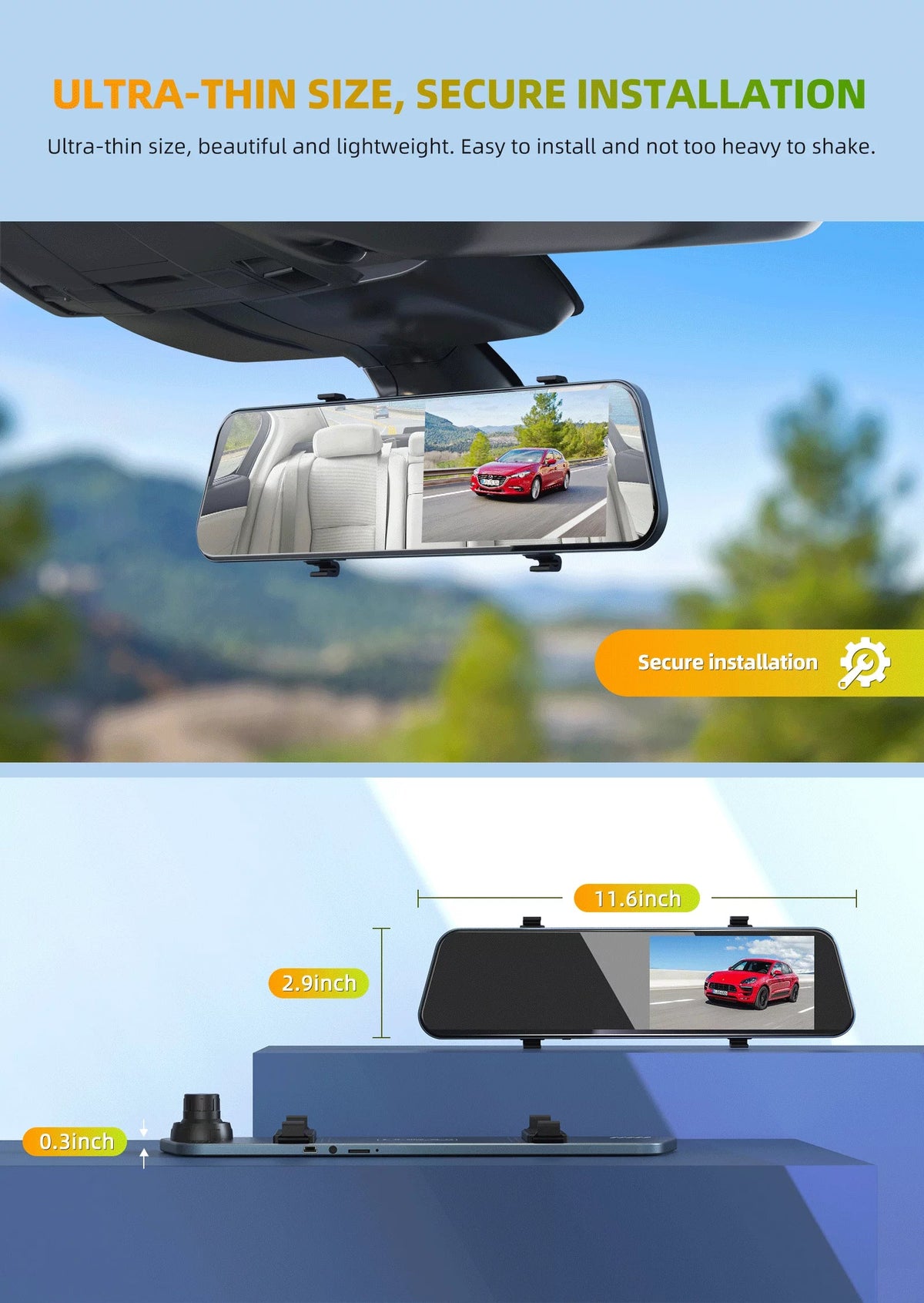 Touch Full Cars, for IPS and Screen Front Loop Camera Cam Mirror Dual Assistant Recording, TOGUARD Rear Rear Parking Camera, Monitor, 5'' G-Sensor, Dash View with Dash Mirror HD Parking 1080P