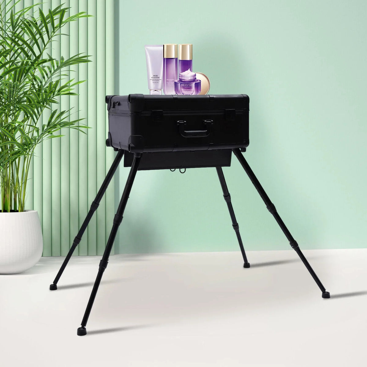 with DENEST Travel Makeup Box Rolling Case Organizer Train Key Cosmetic Trolley Luggage