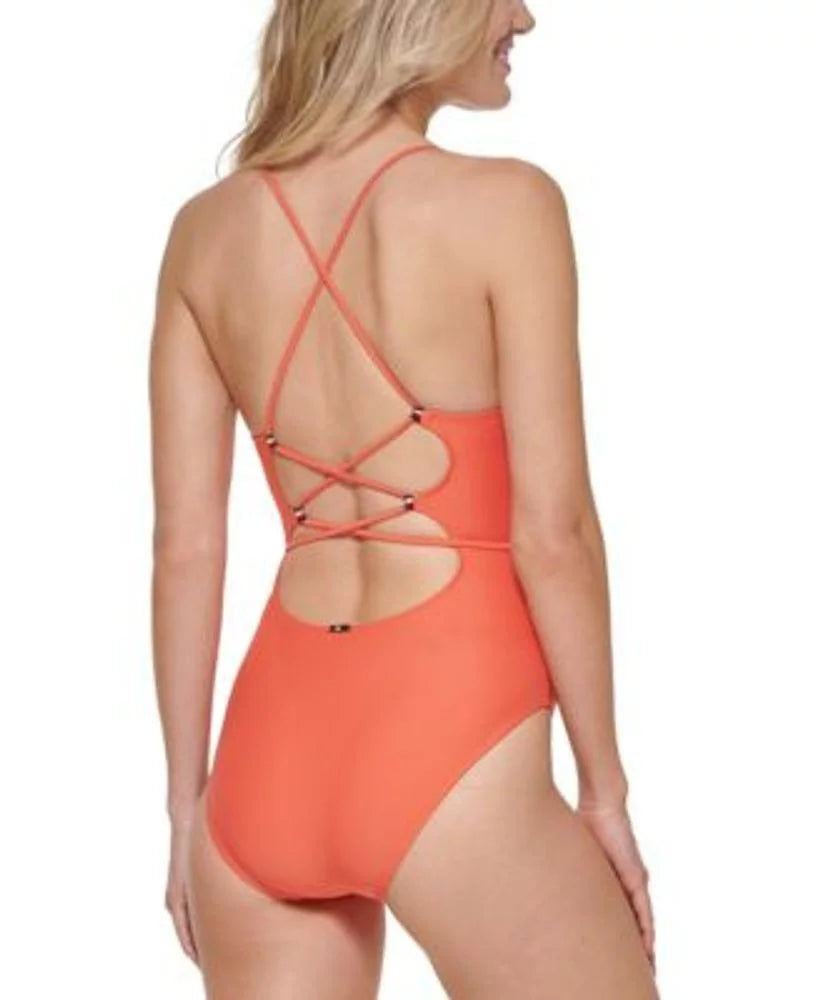 Size Crisscross 16 Back One Orange Swimsuit Piece Women's Hilfiger Tommy Tie-Belt