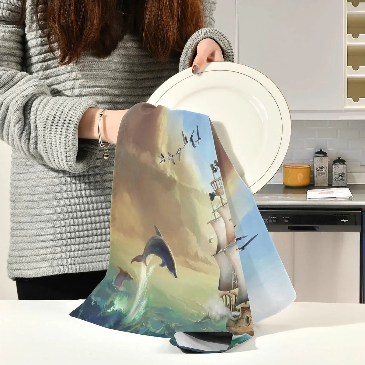 Set 6 Absorbent Cleaning Wiping and Towels 18"x28"Lint-Free Kitchen Hanging of Tea Towel Drying Kitchen Dish Loop, with Summer for Dolphins Sailboat Jumping Cloth Ocean