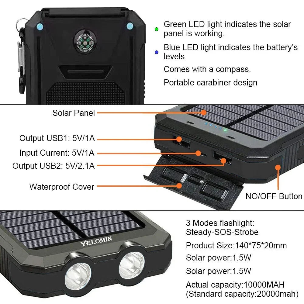 Power US External Bank Solar Battery Waterproof Portable Charger 9000000mAh 2023