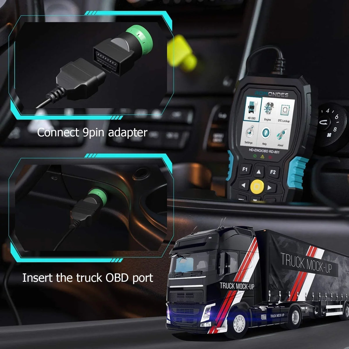 Fuso, Code RD801 1 Romondes Tool UD Auto , & for Scania, Diesel Scanner OBD Check OBD2 Truck 2 Cummins, Truck Heavy DAF Tool OBD Car Engine Diagnostic in Hino, Man, Reader HD Scan EOBD Scanner Duty