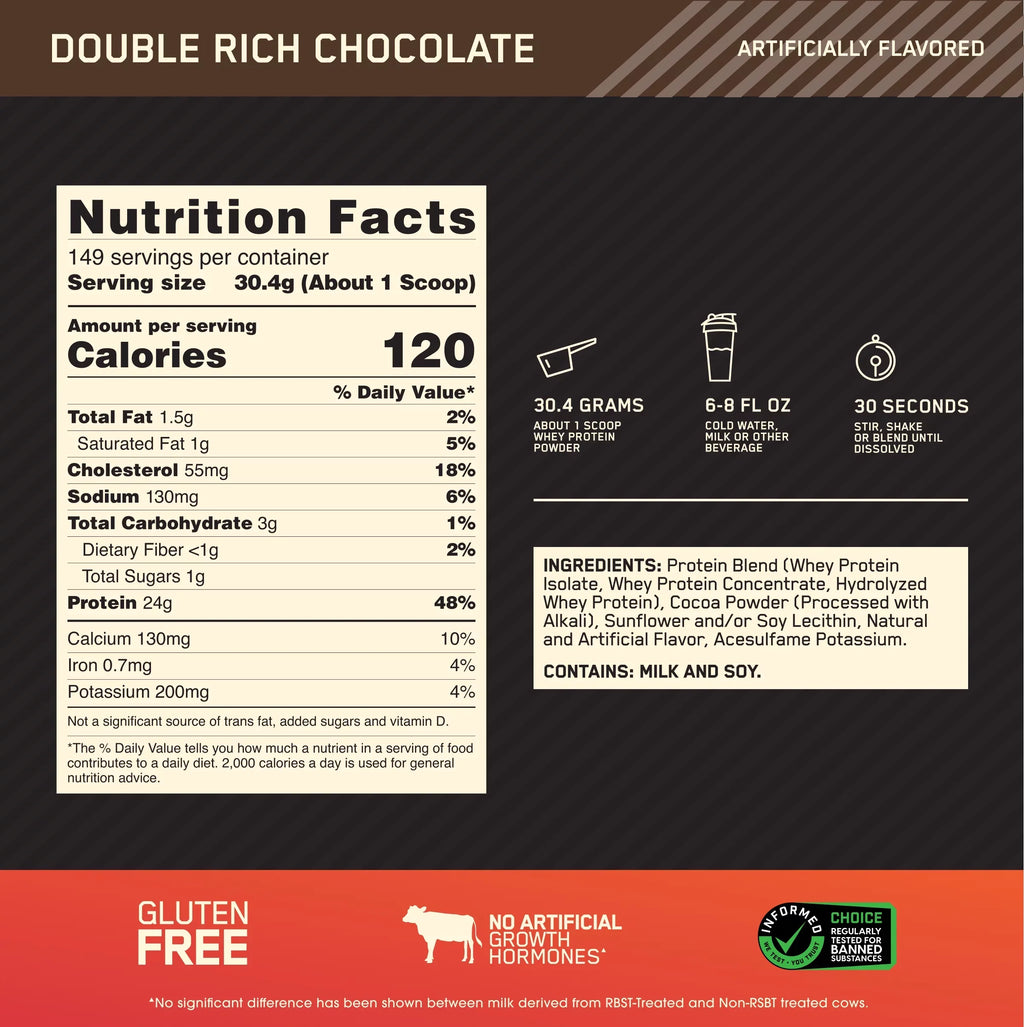 Whey Optimum Nutrition, Servings Chocolate, Rich 149 Standard Gold 10 lb, Double Powder, Protein 100%