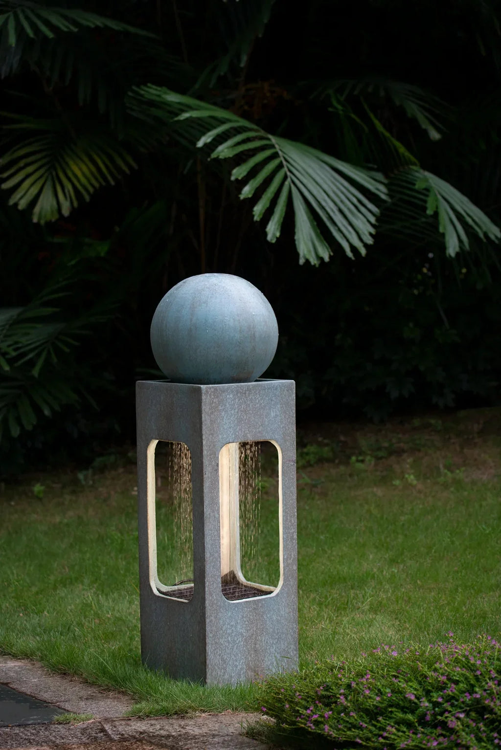 Light & with Fountain, For Feature Tall Contemporary Outdoor 13x13x44" Sphere Raindrop Deck Outdoor Garden, Patio Water Water Antique Cement/Concrete Fountain, Lawn, Blue