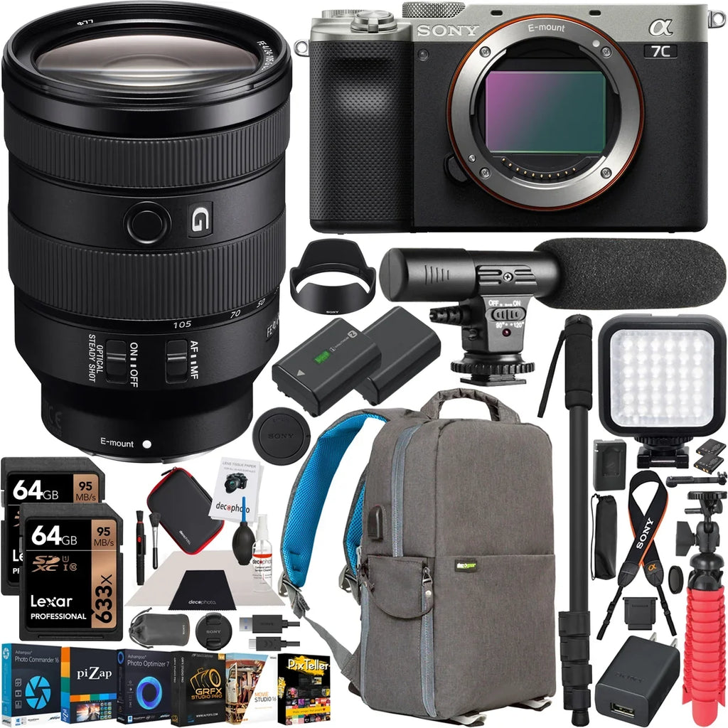 Silver Mirrorless 24-105mm Body Case OSS Lens Zoom Frame FE with Accessories Gear Bundle with a7C , Full Backpack Sony and Deco SEL24105G G Software Sony Camera Photography F4 ILCE7C/S