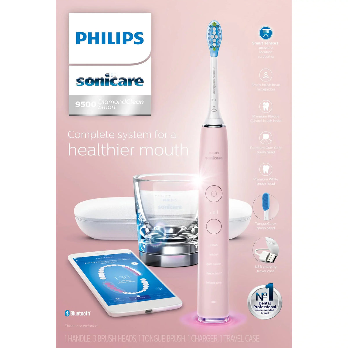 Power 9500 Pink, Electric Sonicare Smart Rechargeable DiamondClean Philips Toothbrush, HX9924/21