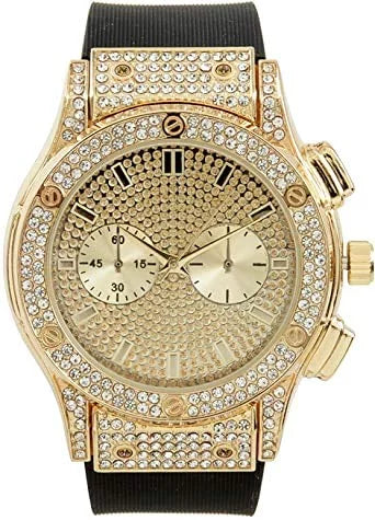 (Gold Timepiece Raymond Eyes - Chrono ST10311 Watch Inspired Mens - on - Hip Rhinestones Big Iced Out Diamond - by Bling Charles Rubber Hop Faux Blast Cuban)