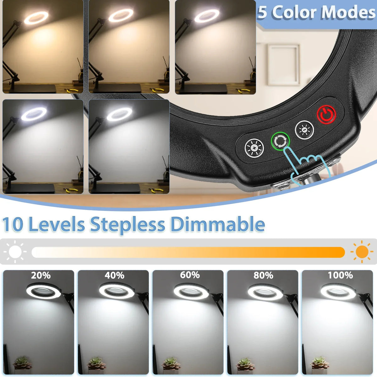 5 for 10X Craft, and Desk with Stepless Glass Magnifying 2-in-1 Dimmable, Lamp LED Sewing Magnifier with Magnifying Color Hands Painting, Free Work, Close Lighted Stand, Modes Clamp, Light
