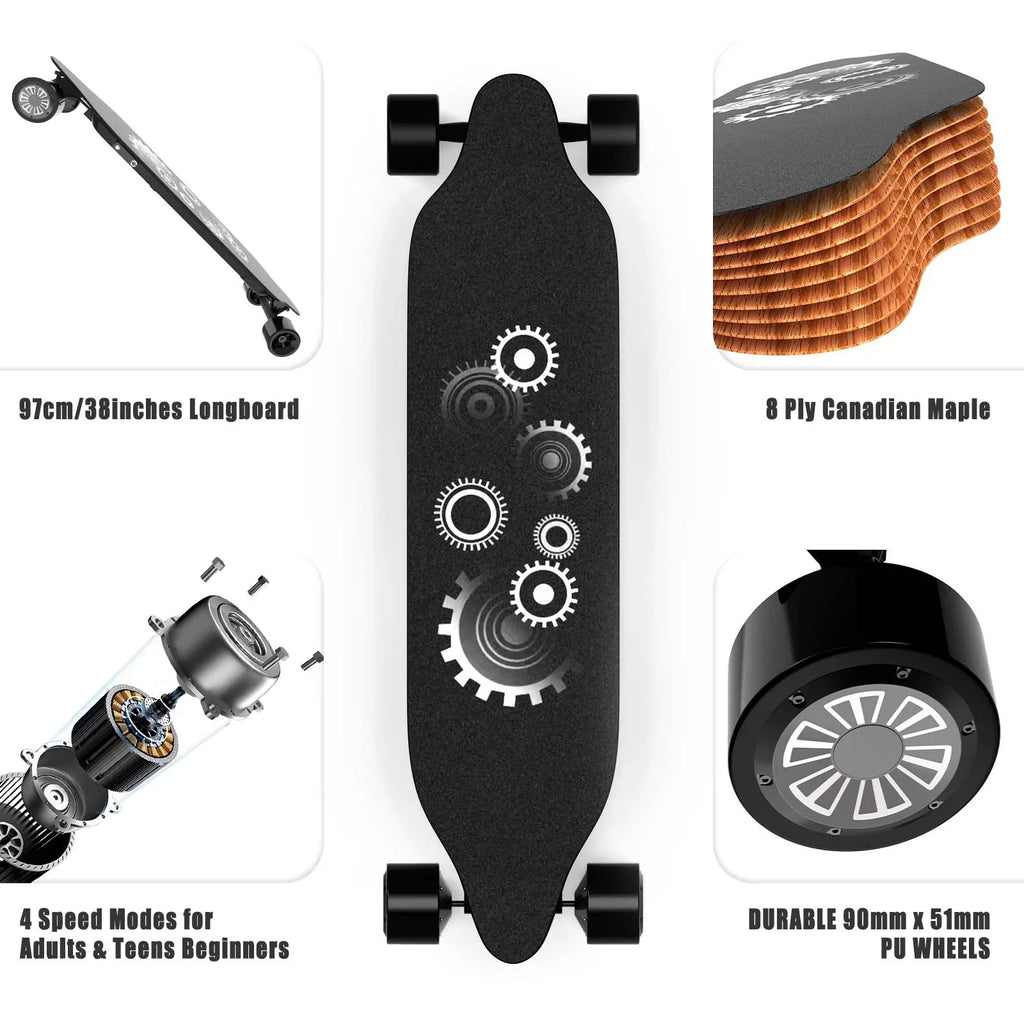 Electric Electric 15 Speed Mph 25 Remote & with Miles 1200W Range, Motor, 4-Speed Longboard Skateboards Modes and Control Top Skateboard,BRC