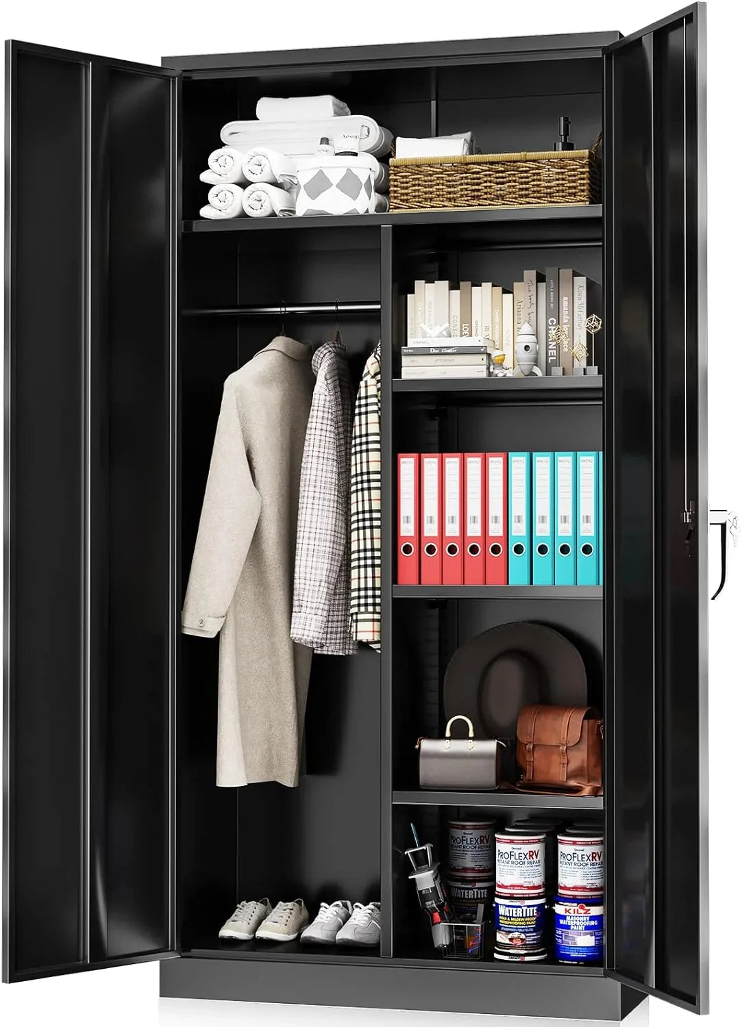 Clothing Metal and Office Employee Cabinet Lock Locker Freestanding Steel Door Shelves Coat (Black) Cabinets for Locking Garage Wardrobe with Home 72'' with HOOMHIBIU