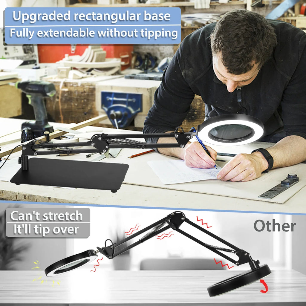 5 for 10X Craft, and Desk with Stepless Glass Magnifying 2-in-1 Dimmable, Lamp LED Sewing Magnifier with Magnifying Color Hands Painting, Free Work, Close Lighted Stand, Modes Clamp, Light