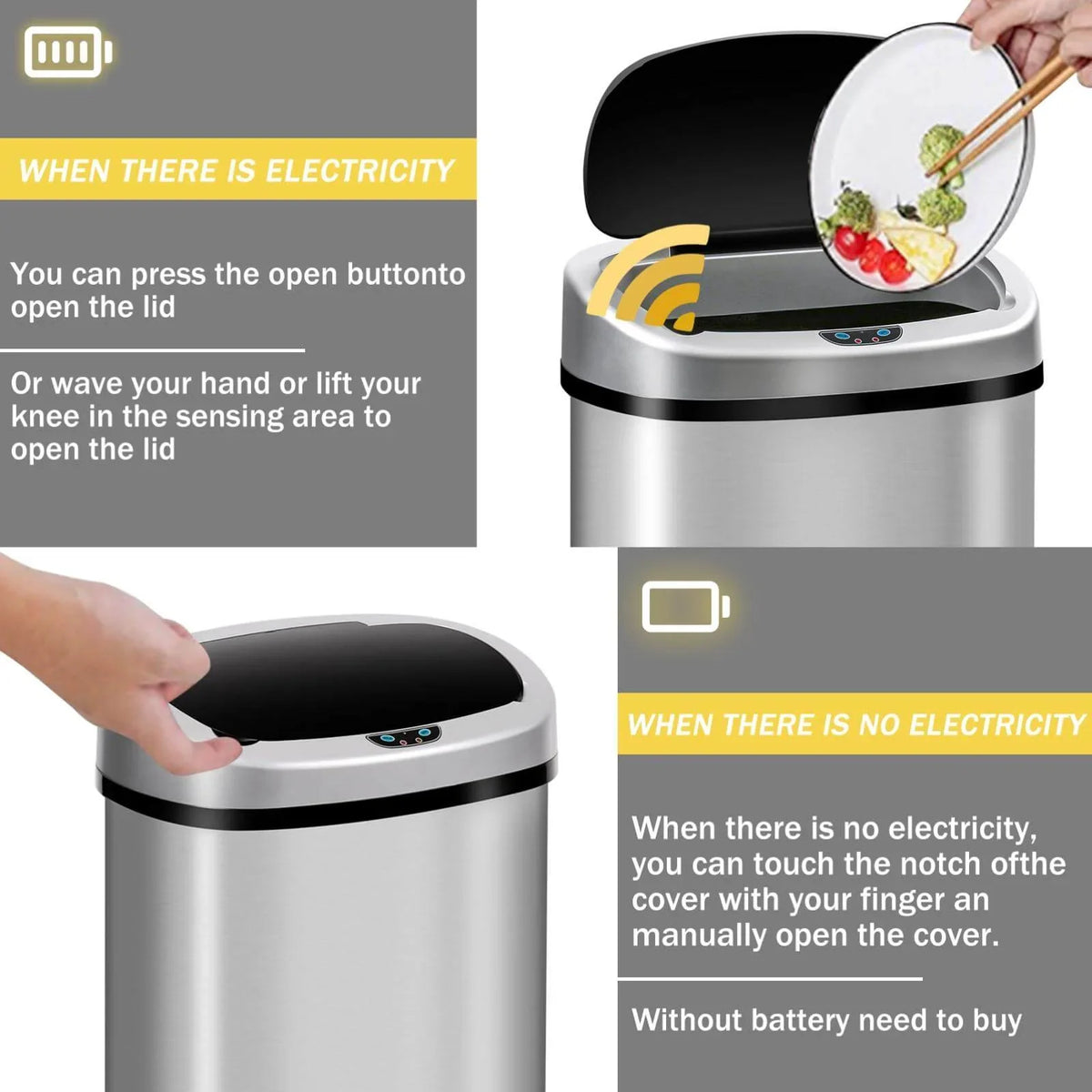 Office Can Touch-Free Trash Waste with Steel Automatic Silver Motion Home, Lid, Anti-Fingerprint Bin Designed Kitchen for Garbage Stainless Gallon NiamVelo Can with Sensor, 13 Mute &