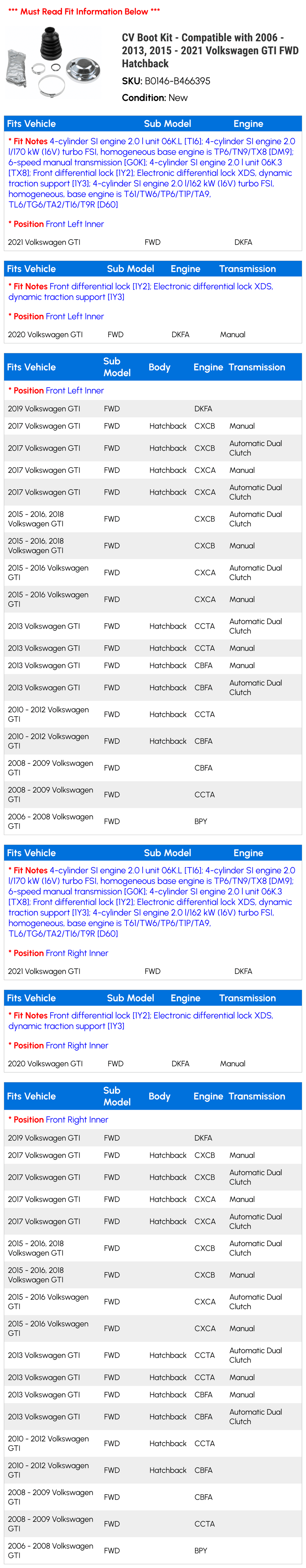 2007 2021 2016 GTI Kit - 2011 2017 Hatchback 2006 2008 2012 with 2013, - Boot Volkswagen FWD 2010 Compatible 2019 - CV 2018 2015 2009 2020