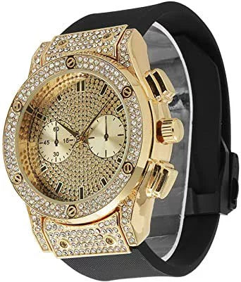 (Gold Timepiece Raymond Eyes - Chrono ST10311 Watch Inspired Mens - on - Hip Rhinestones Big Iced Out Diamond - by Bling Charles Rubber Hop Faux Blast Cuban)