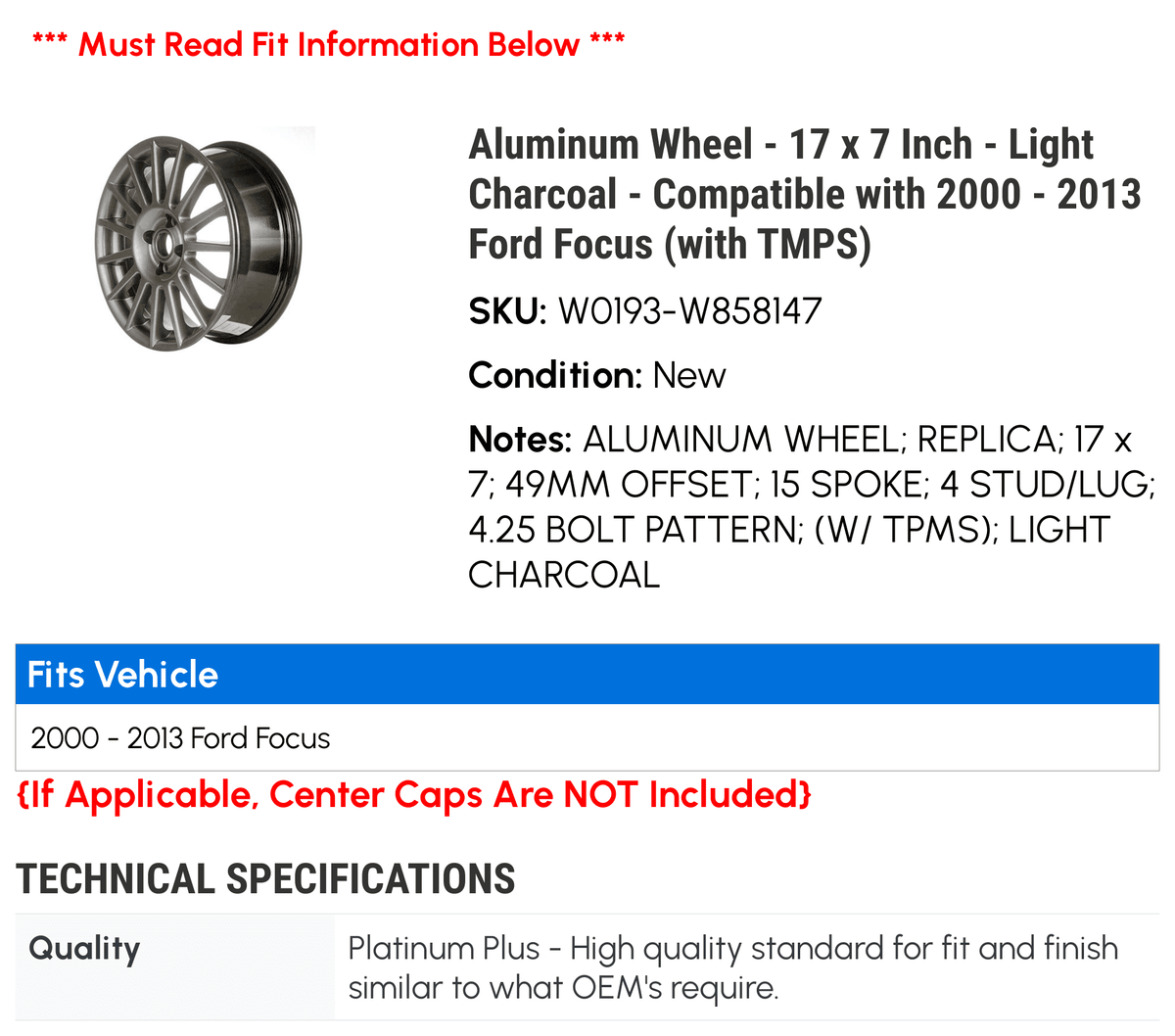2002 Focus 2005 TMPS) 2007 2013 2001 Compatible 17 2012 - x Aluminum - 2010 Charcoal 2008 2003 - (with - Wheel 2000 Ford 7 Light 2004 2009 2011 with Inch 2006