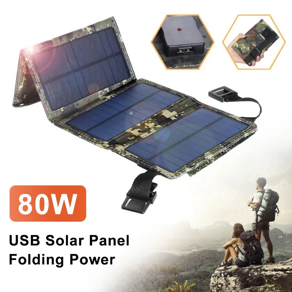 USB 80W Folding Camping Charger Panel Bank Paddsun Power USA Phone Hiking Solar Outdoor