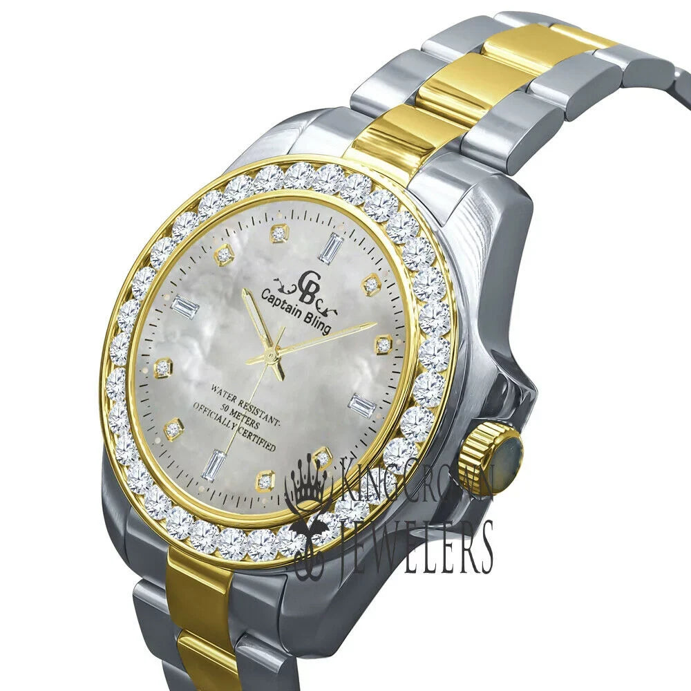 Steel Dial Pearl Of Gold Tone Watch Diamonds Simulated Mens Finish Mother Stainless 2 Solid 18K