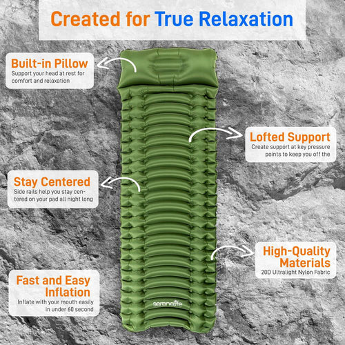 '- Air SereneLife Self Sleeping Lightweight, Inflating Backpacking Pad (Blue) Mattress Waterproof