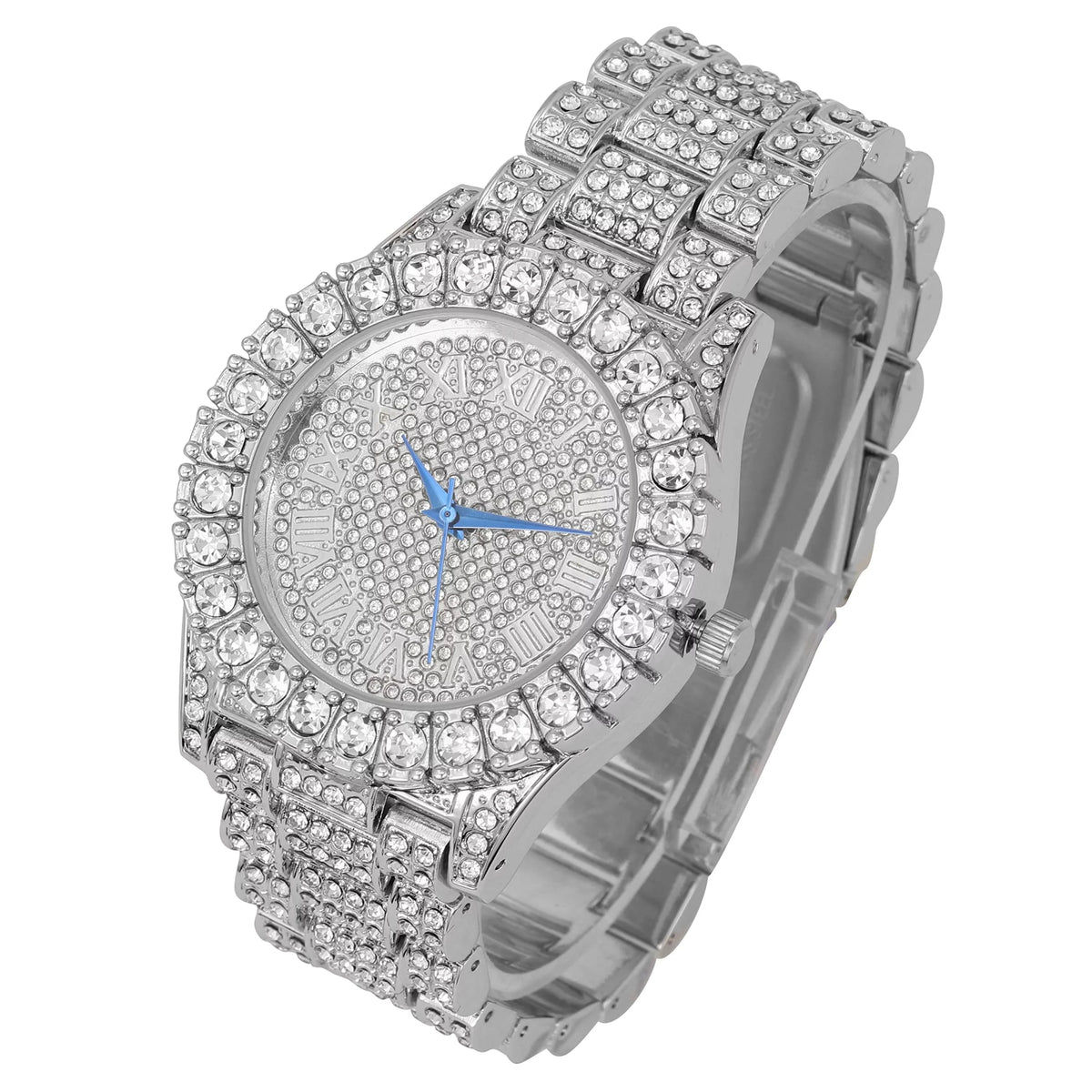 Ring Dial Mens Raymond Big Bracelet with Fully Charles ST10327SET3PC w/Cuban & Out Chain - Numerals Rocks Watch Bezel Iced (10,Silver) Roman -