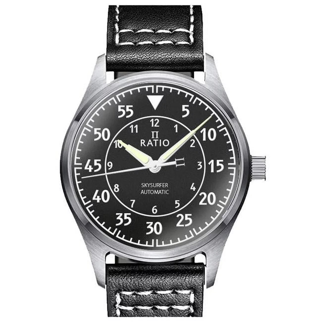 Automatic Men's Dial Textured Ratio Leather 200M Watch RTS320 Skysurfer Black Pilot